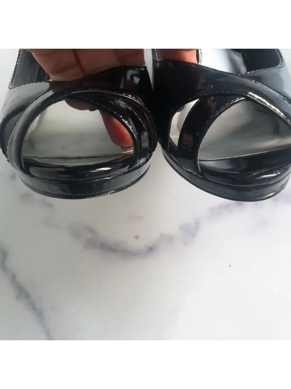 White House Black Market Wedge Karen Black Patent Leather Sandals Size 6.5m